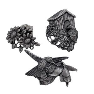Birds and Blooms Set of 3 Pewter Pins Brooches Hummingbird Birdhouse Flowers